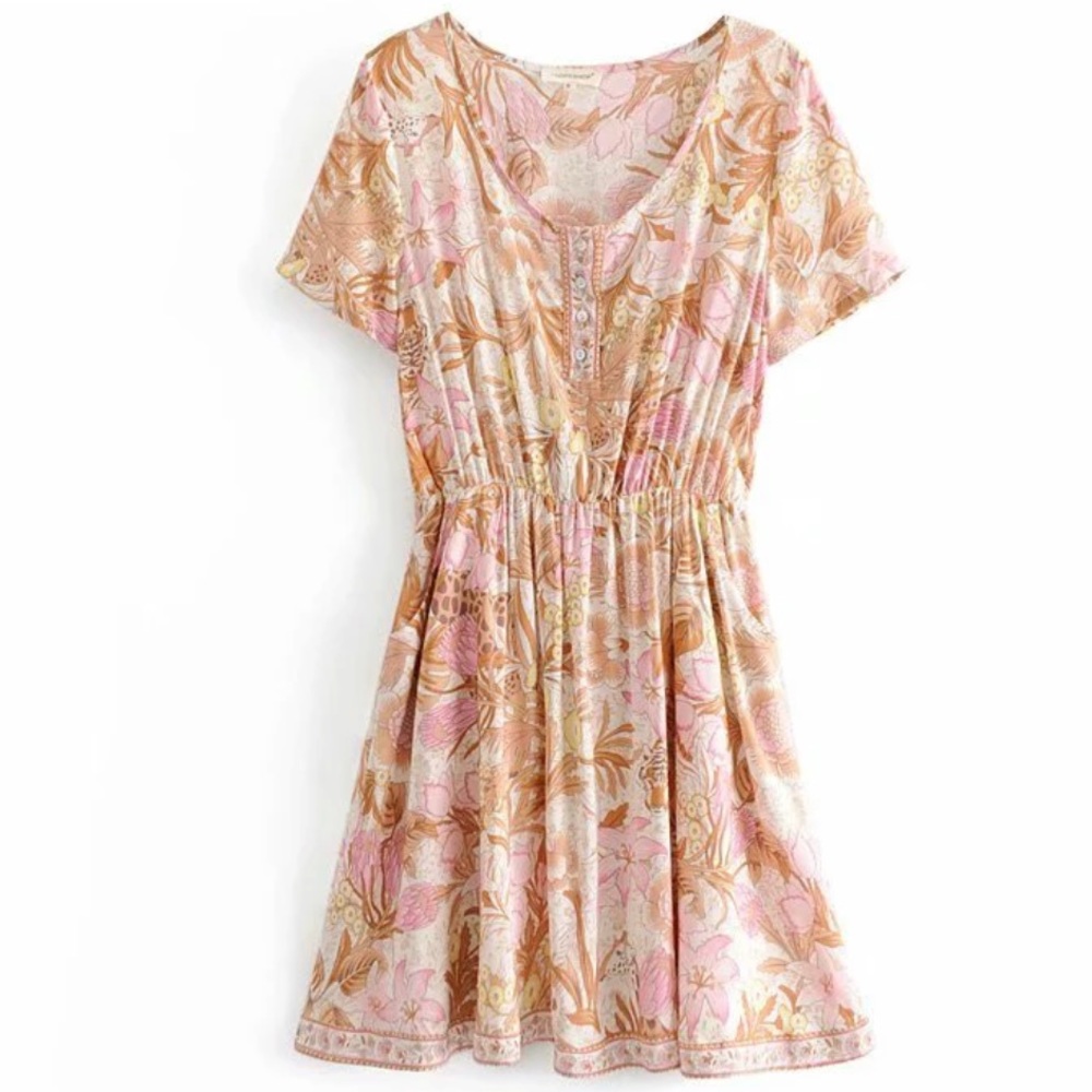 Boho Gypsy Jungle Floral Mini Dress Babydoll Tunic hippie free spirit bohemian